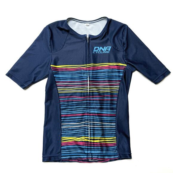 DNA Cycling Jersey Womens S Navy Striped Full Zip Polyester Pink Yellow Pocket - Picture 1 of 8